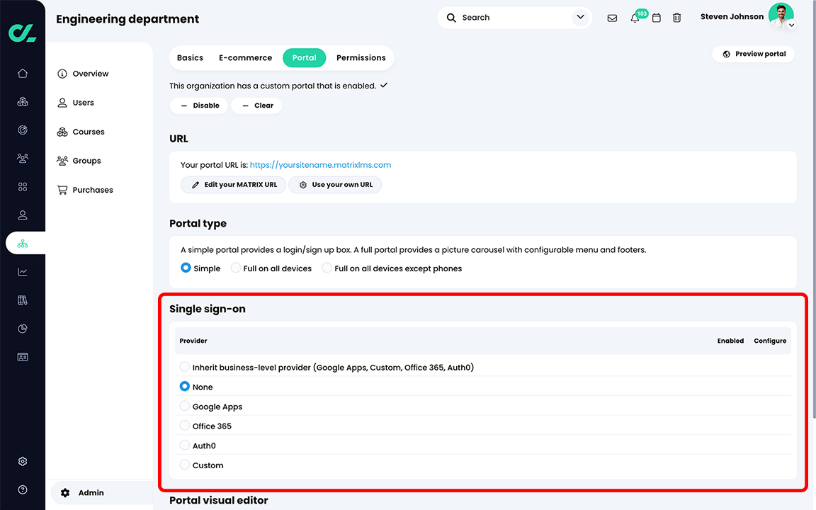 Organization, Portal with a custom portal enabled and the Single sign-on section highlighted