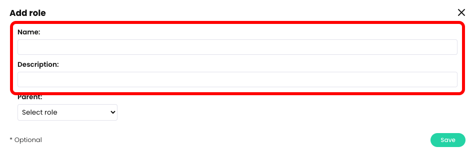 The Add role pop-up with the Name and Description fields highlighted