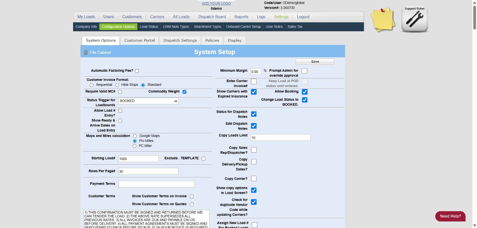 0Demo Configuration Options System Options screen with clean sample settings