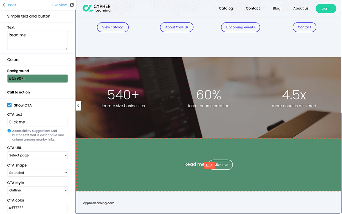 Portal visual editor, Simple text and button menu with an example in the Preview pane