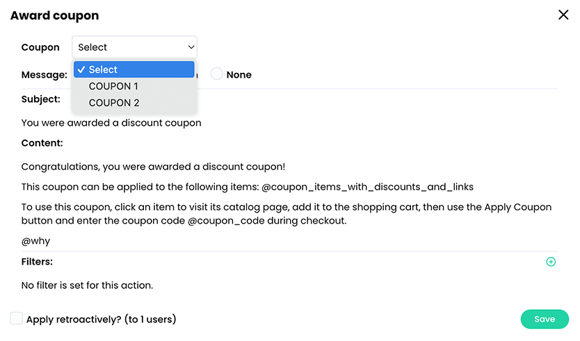 Award coupon pop-up with the Coupon menu active