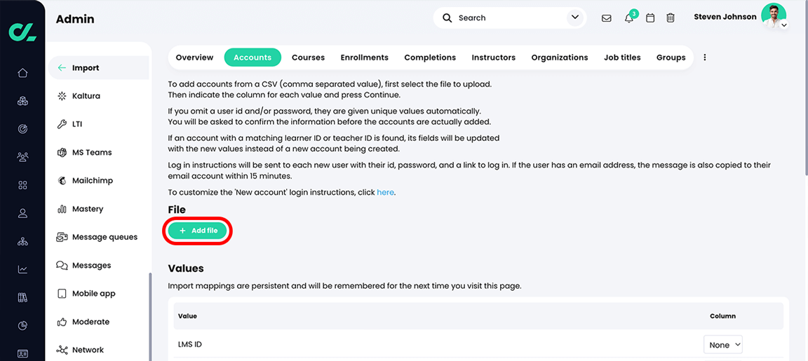 Admin, Import, Accounts tab with the Add file button highlighted