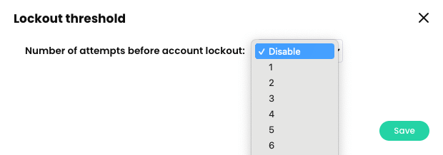 Lockout threshold pop-up with the 'Number of attempts before account lockout' menu active