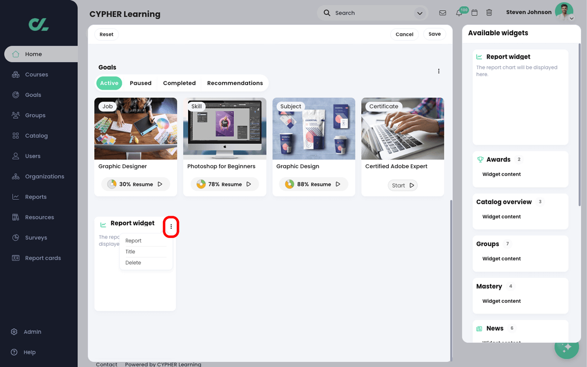 Center panel edit mode Center panel edit mode with the three dot menu active and highlighted on the Report widget