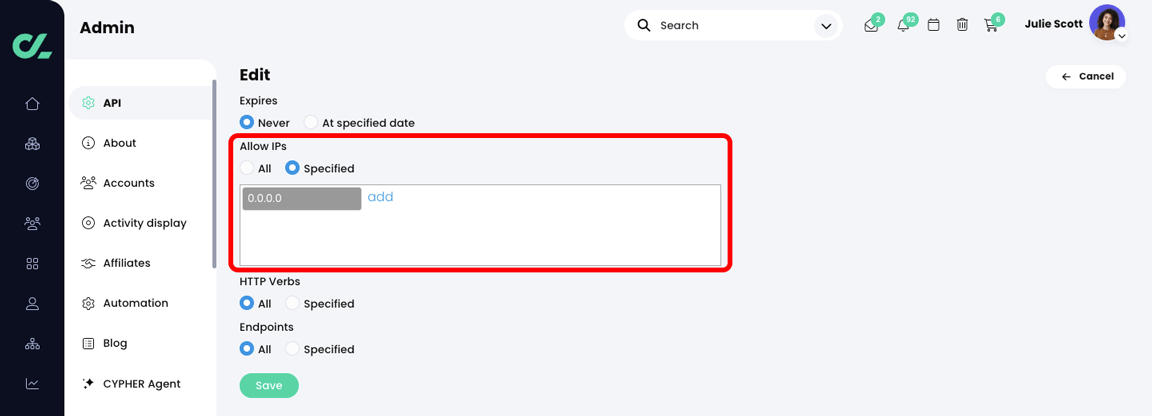 Admin, API key, Edit page with the Allow IPs section highlighted and Specified radio button selected