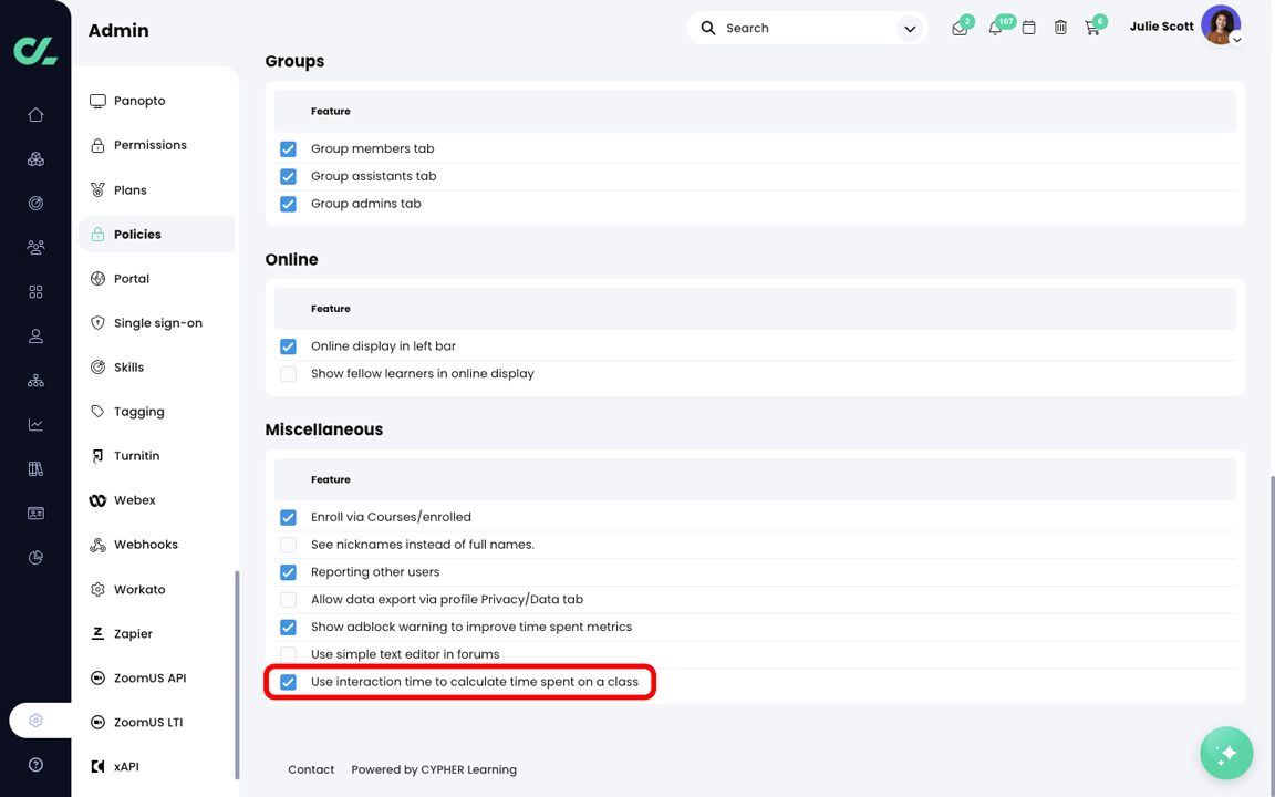 Admin, Policies page with the Use interaction time to calculate time spent on a class setting highlighted in the Miscellaneous section