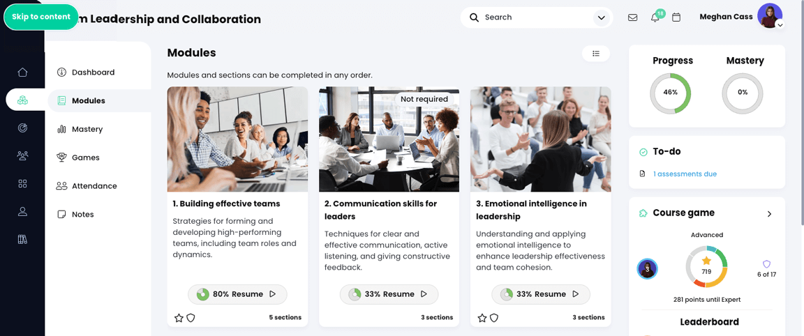 Course, Modules overview page with the Skip to content link visible