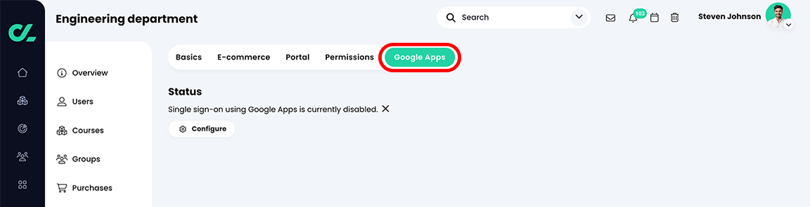 Organization, Portal, Google Apps tab with the tab name highlighted