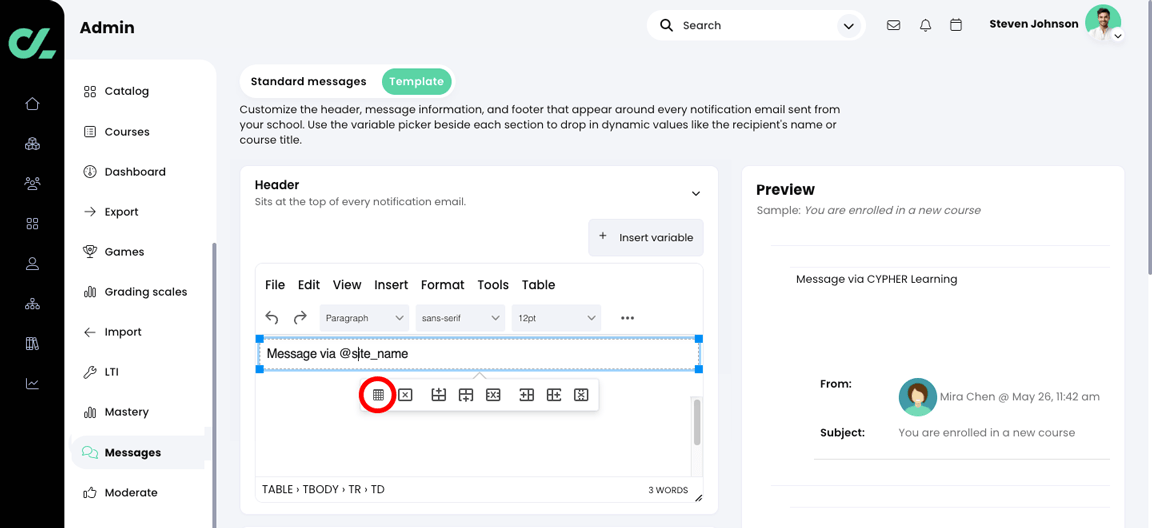 Admin, Messages, Template tab with the Header table row selected and the Table properties icon highlighted on the Table menu