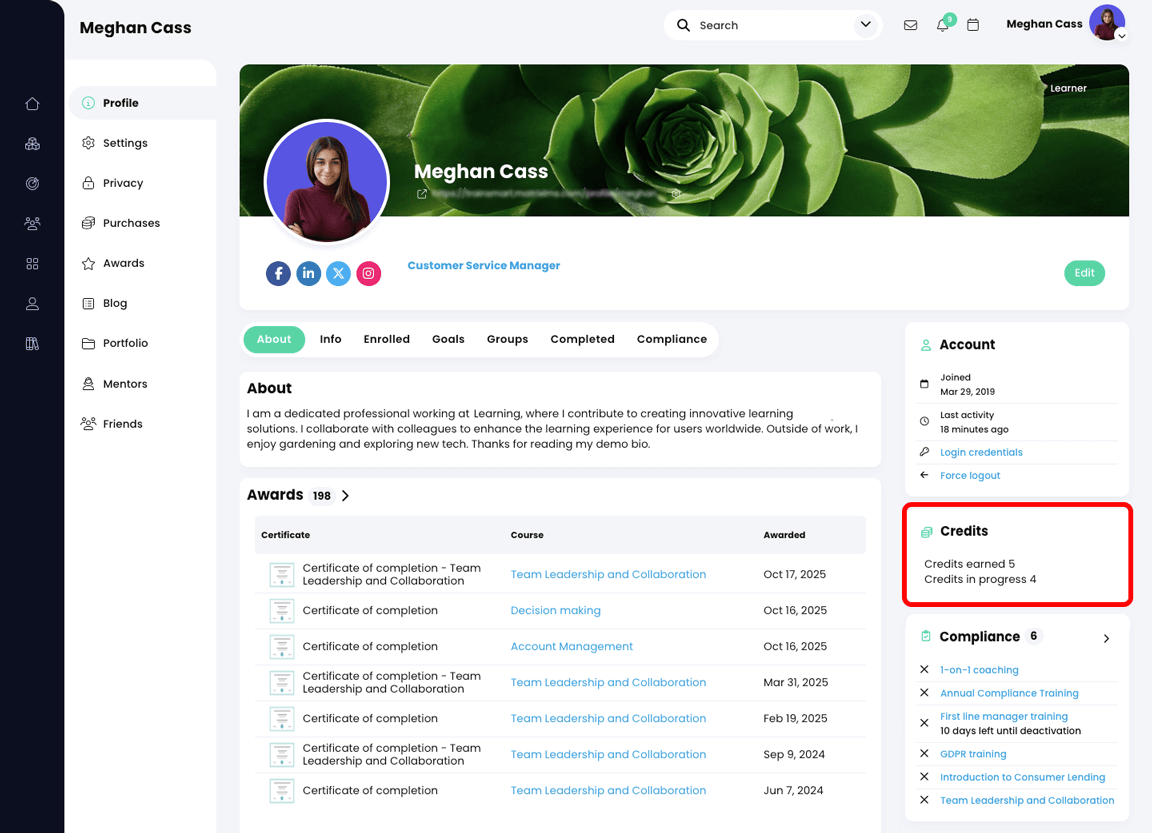 Learner home page dashboard with the Credits widget highlighted