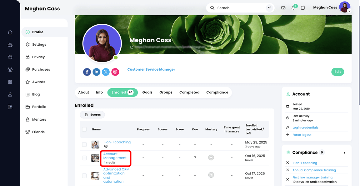 Learner profile page, Enrolled tab with a course and course credits highlighted