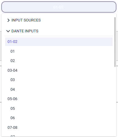 Director amp's Input source list, selecting Dante inputs 1-2