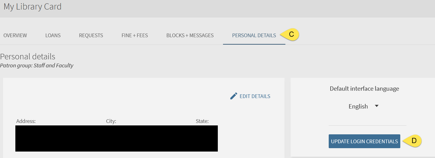 My Library Card Screenshot with yellow arrows (C - D) indicating spots to find Update Login Credentials button.