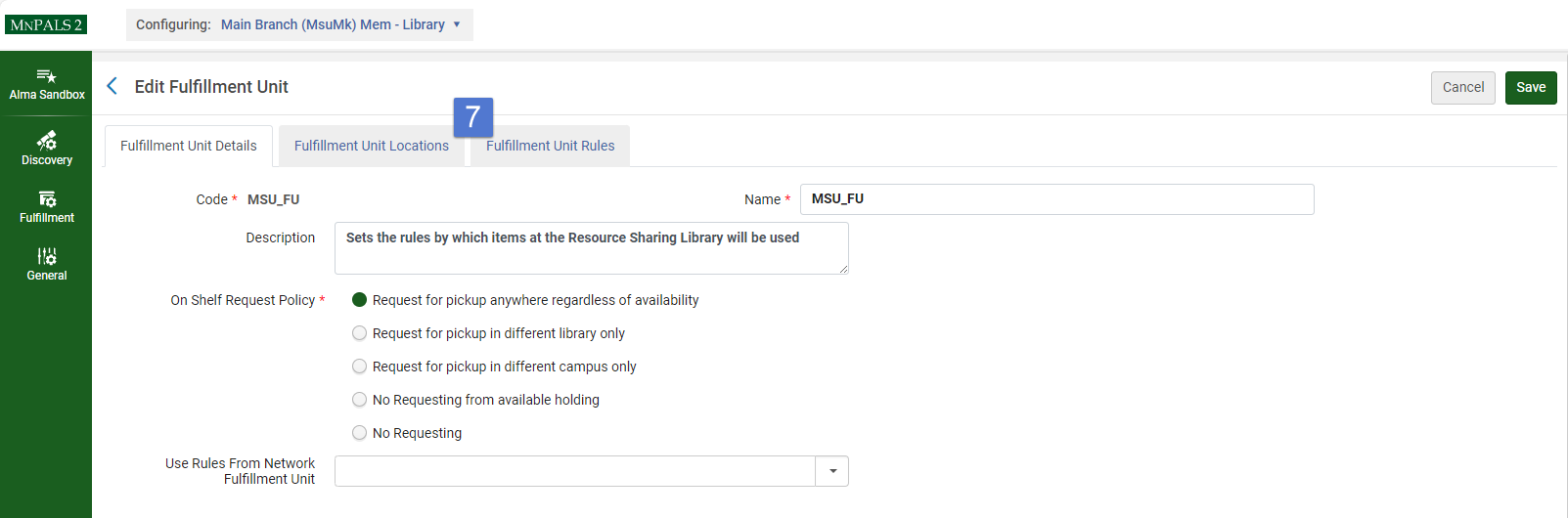 Location of Fulfillment unit rules tab