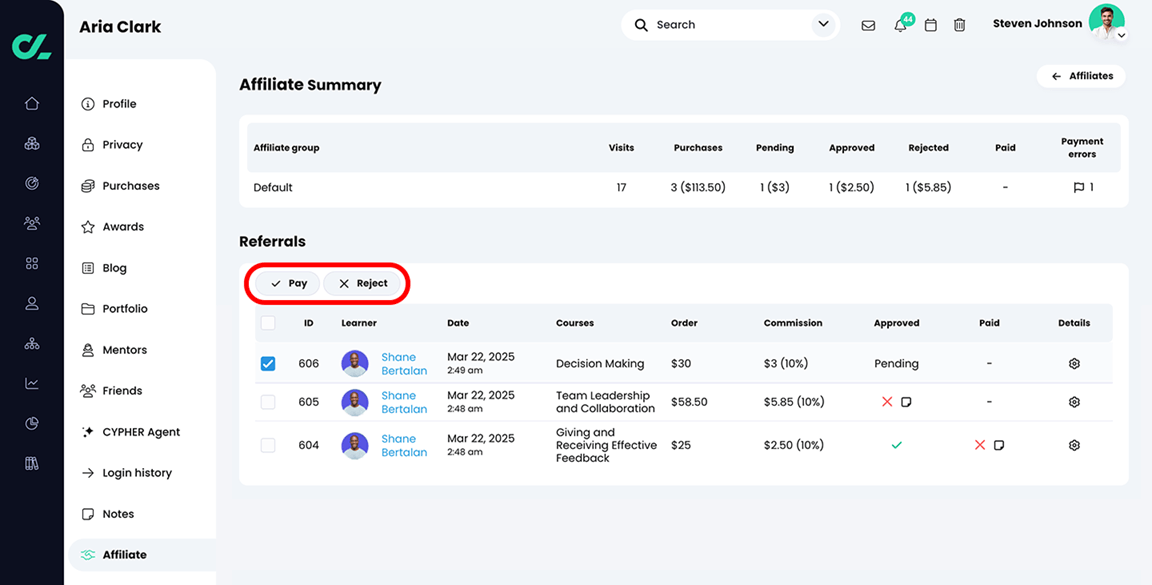 Affiliate Summary page for an individual affiliate, with one pending referral selected and the Pay and Reject buttons highlighted