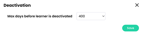 Deactivation pop-up with a max days before learner is deactivated number selected as an example