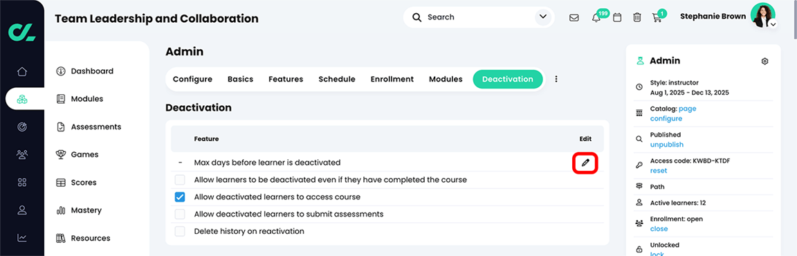 Course, Admin, Deactivation tab with the Edit icon highlighted in the Max days before learner is deactivated section