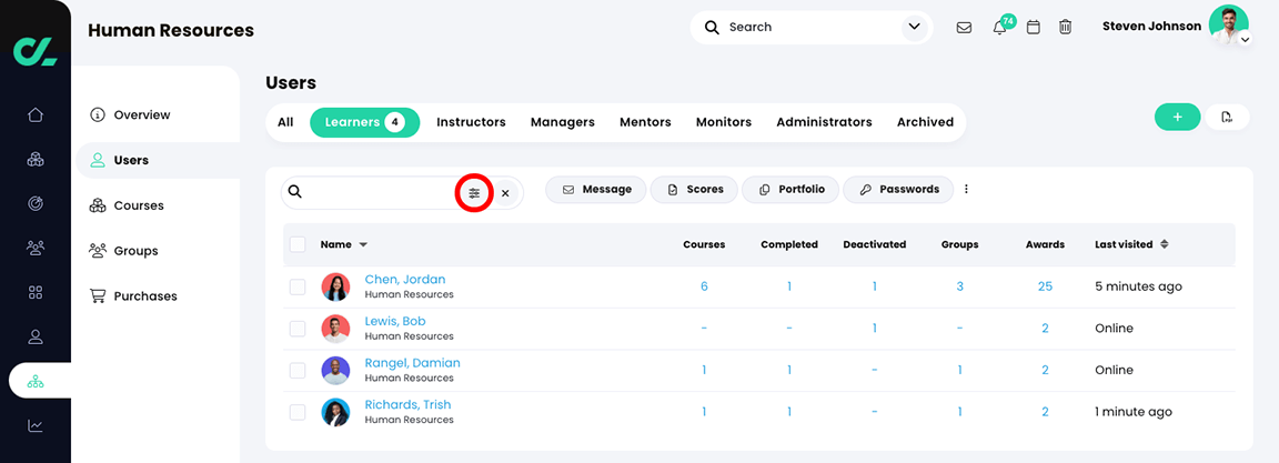 Organization, Users, Learners tab with a list of learners for the organization and the Filters button highlighted