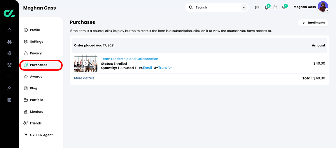 Learner profile, Purchases page with the Purchases button highlighted on the profile menu