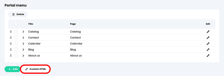 Admin, Portal, Visitor view tab, Portal menu section with the Custom HTML button highlighted