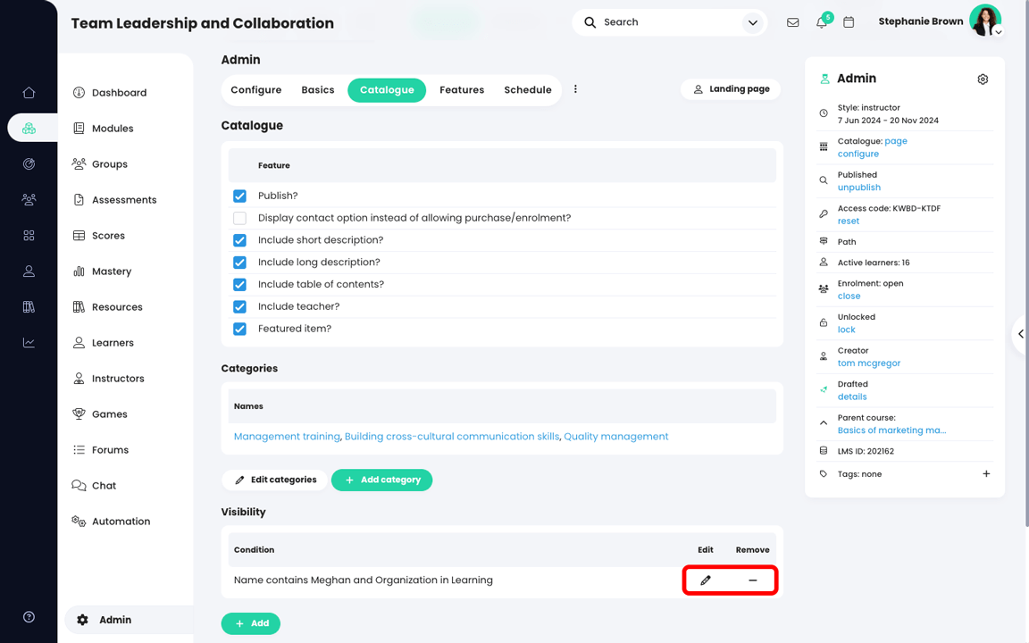 Fereastra pop-up de vizibilitate cu butonul Ștergeți un lanț de filtre evidențiat