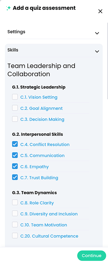CYPHER Agent menu, Add a quiz assessment, Skills tab open