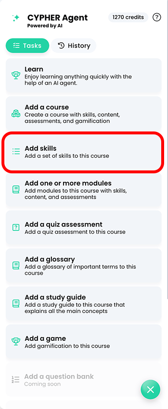 CYPHER Agent menu, Add skills highlighted