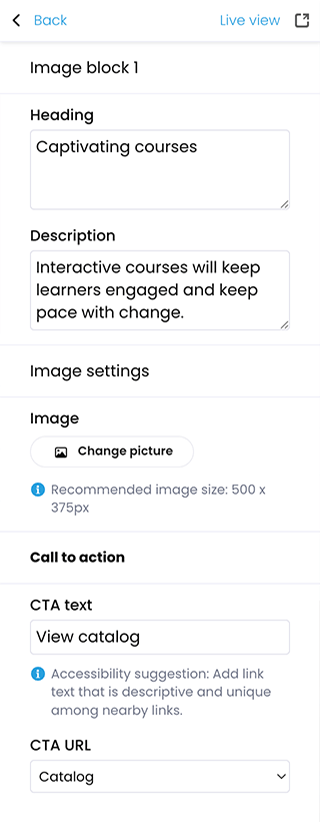 Portal visual editor, Image blocks, Image block 1 options