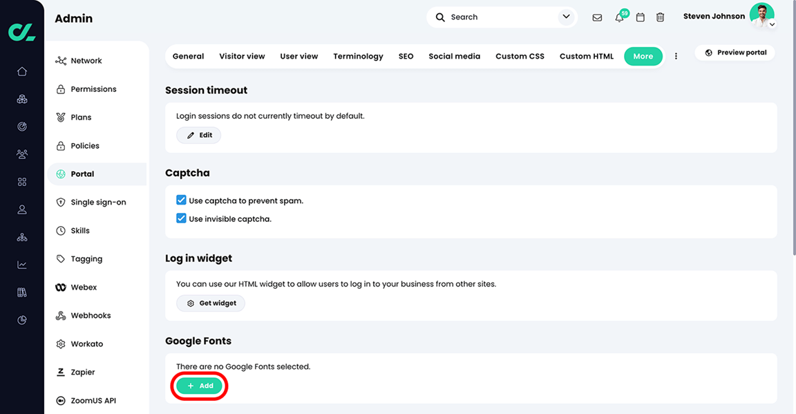 Admin, Portal, More tab with the Add button highlighted in the Google Fonts section