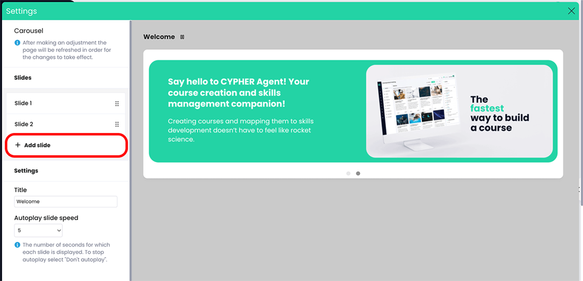 Banner widget edit view with the Add slide button highlighted