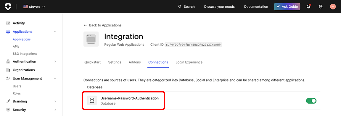 Auth0, Applications, Connections tab with the 'Username-Password-Authentication' Database highlighted