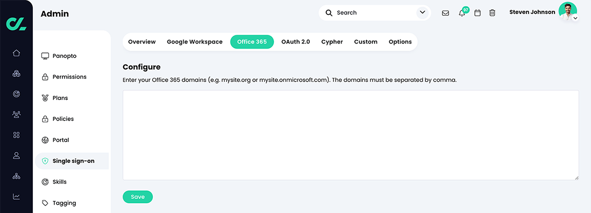 Admin, Single sign-on, Office 365 Configure page