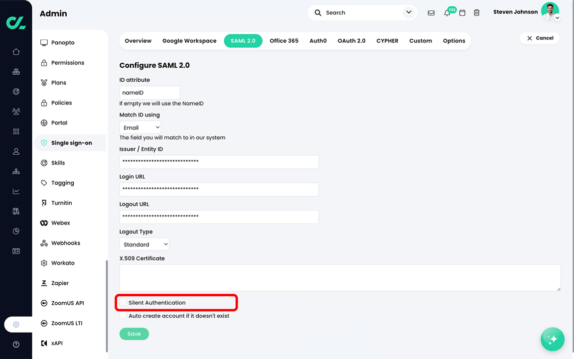 Admin, Single sign-on, Configure SAML 2.0 page with the Silent Authentication setting highlighted