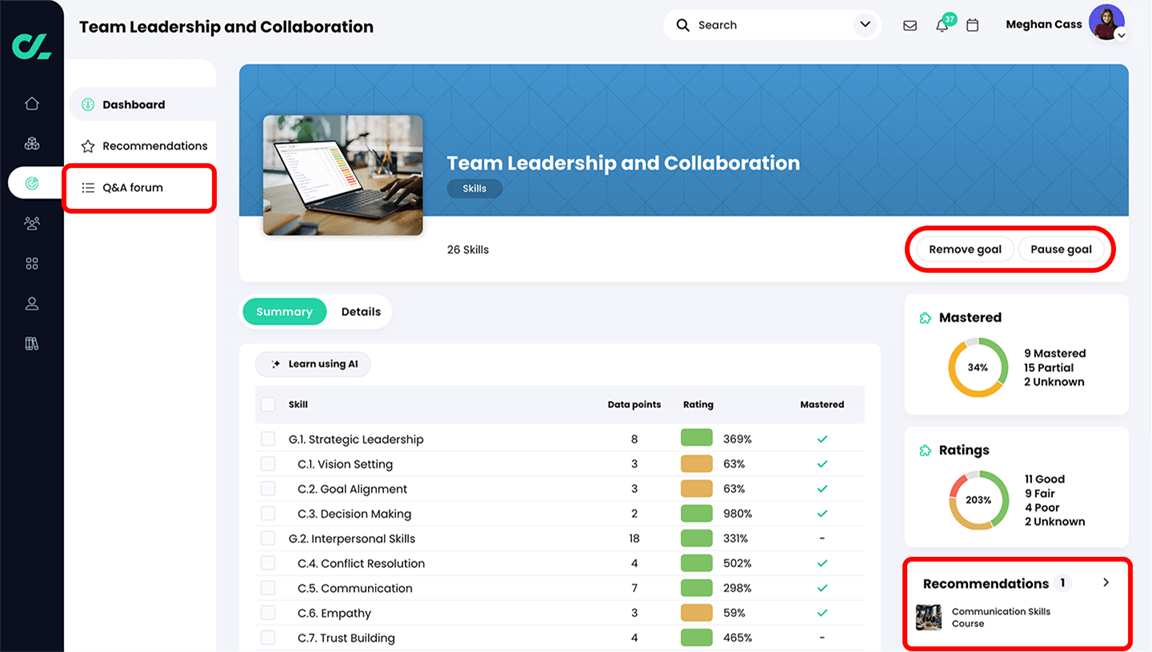 Learner goal page with the Q&A forum, Recommendations widget, Remove goal button, and Pause goal button highlighted