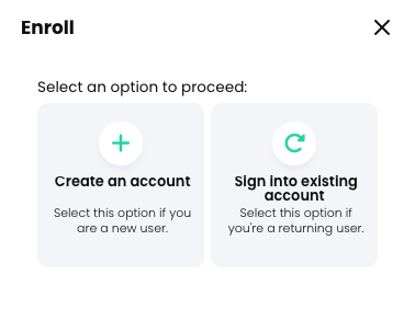 Course catalog, Enroll pop-up to Create an account or Sign into existing account