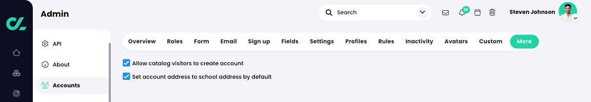 Admin, Accounts, More tab with both options selected