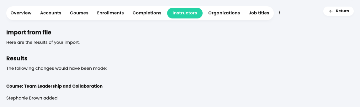 Admin, Import, Instructors tab, Import results