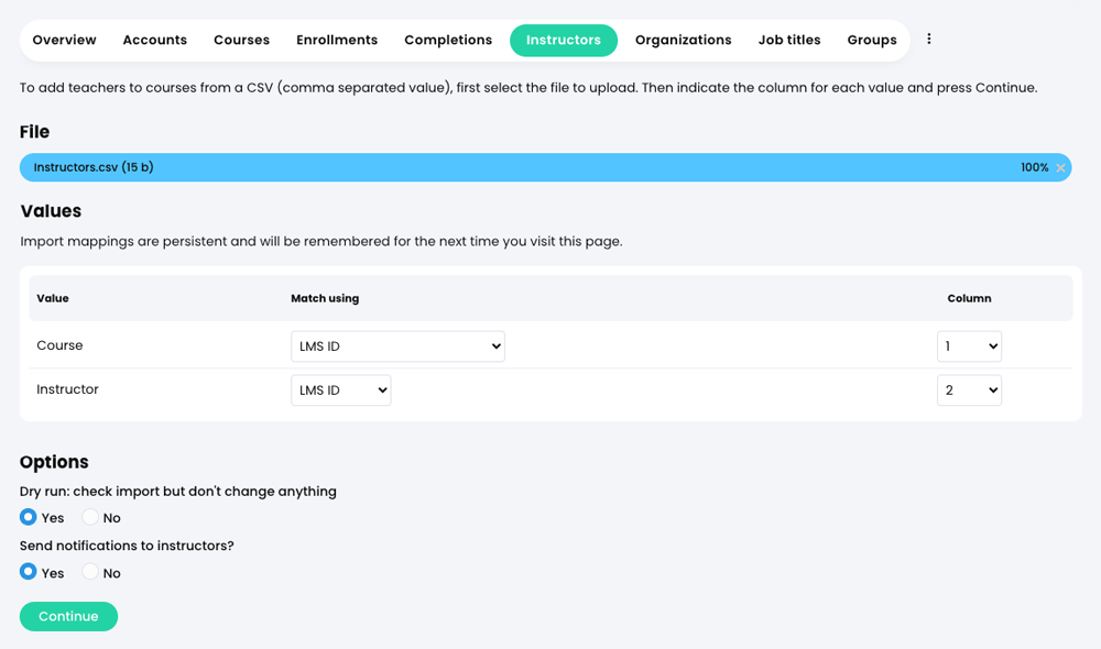 Admin, Import, Instructors tab with a CSV file uploaded