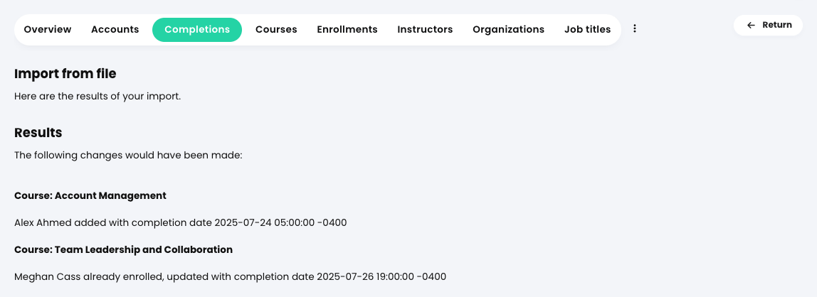 Admin, Import, Completions tab, Import results