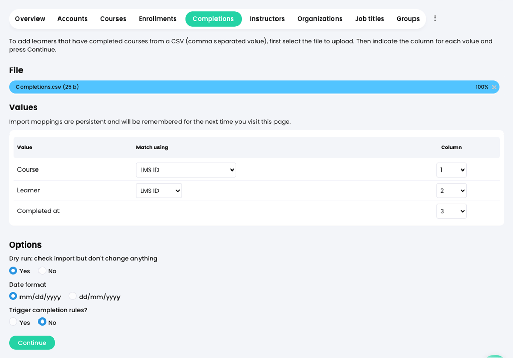Admin, Import, Completions tab with a CSV file uploaded