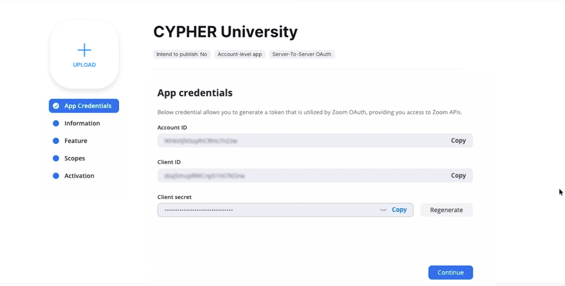 Zoom app marketplace, new server-to-server OAuth app, App Credentials tab