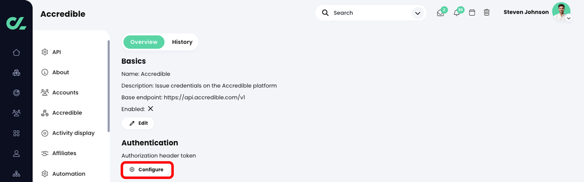 Admin, Accredible, Overview tab with the Configure button highlighted in the Authentication section