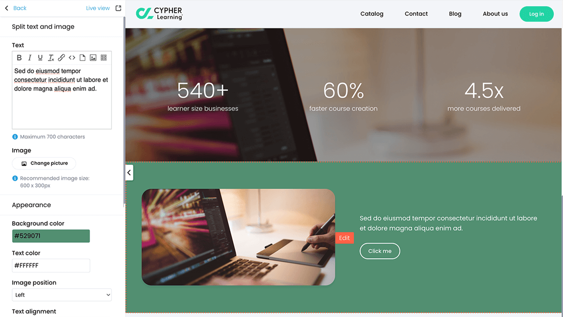 Portal visual editor, Split text and image menu with an example in the Preview panel