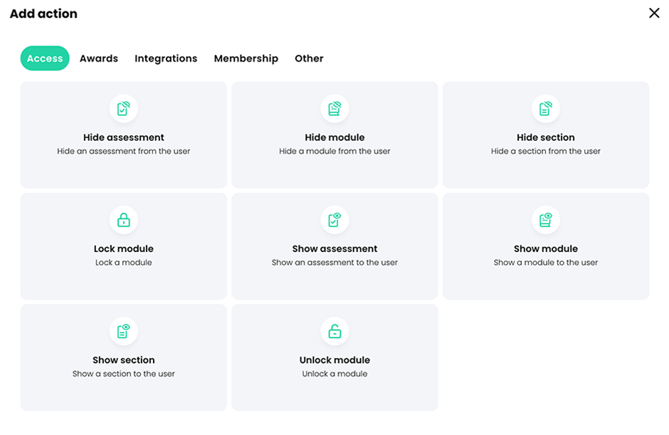Add action pop-up, Access tab