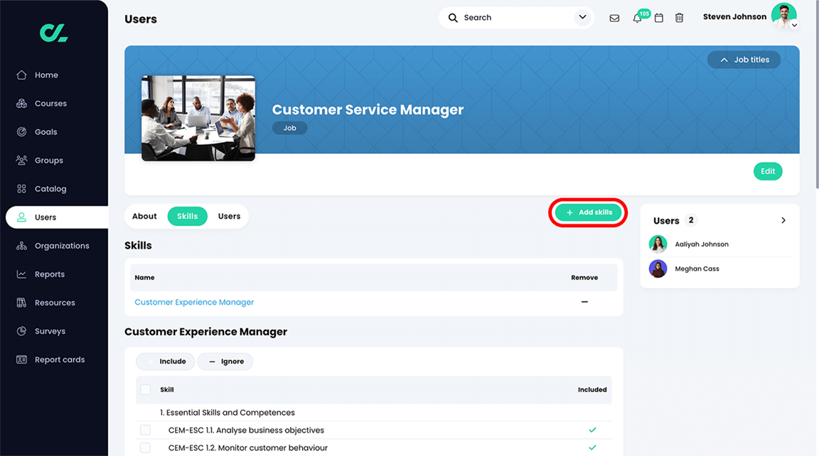 Users, Job page, Skills tab with the Add skills button highlighted