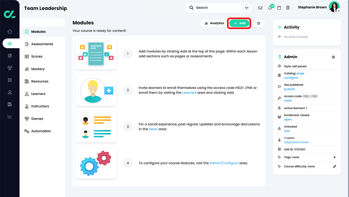 Course, Modules page with the Add button highlighted