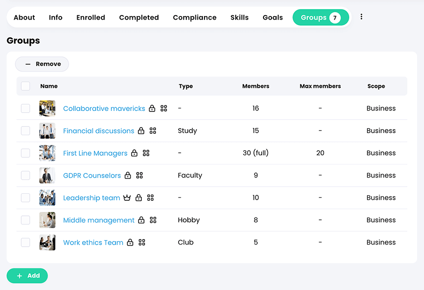 User profile, Groups tab