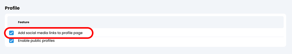 Admin, Policies, Learners, Profile section with the Add social media links to profile page setting highlighted