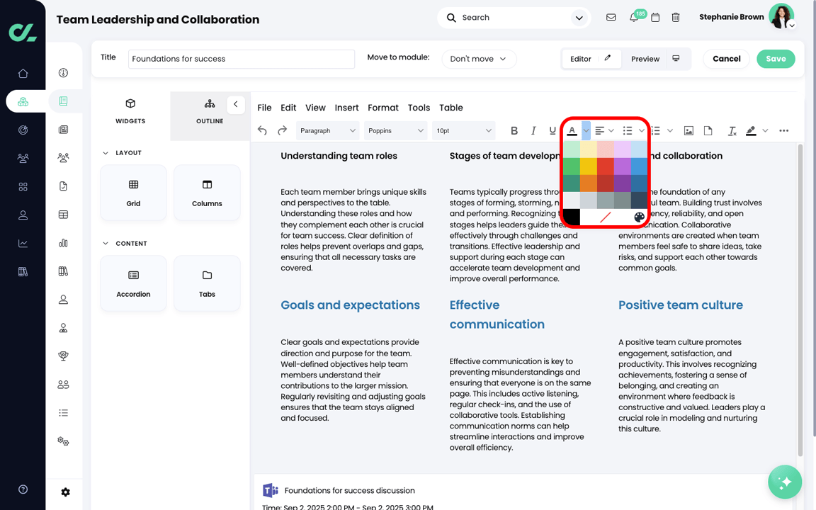 Course, Module, Edit section with the text color menu active and highlighted