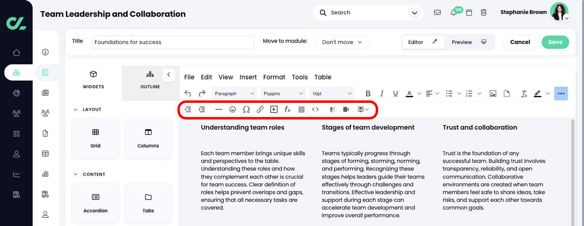 Course, Module, Edit section with the Advanced toolbar icons highlighted